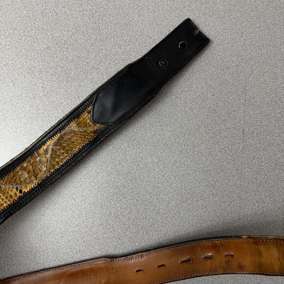 Vtg Nocona Anaconda Snake Leather Belt 32 Mens Black Tan Buckle Western Cowboy - Picture 2 of 10